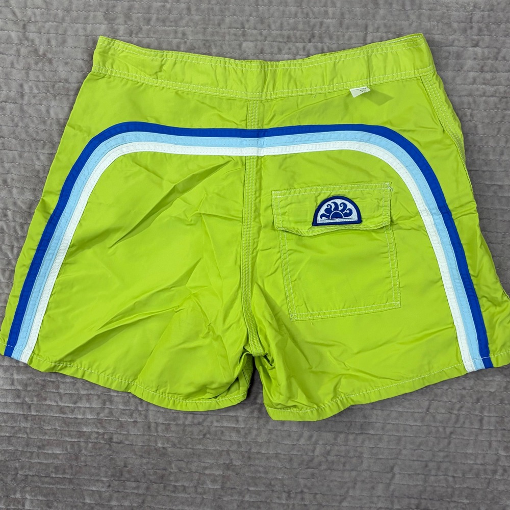 Sundek Mens Lime Green Board Shorts Size 29 Blue Rainbow Stripe Swim Trunks USA